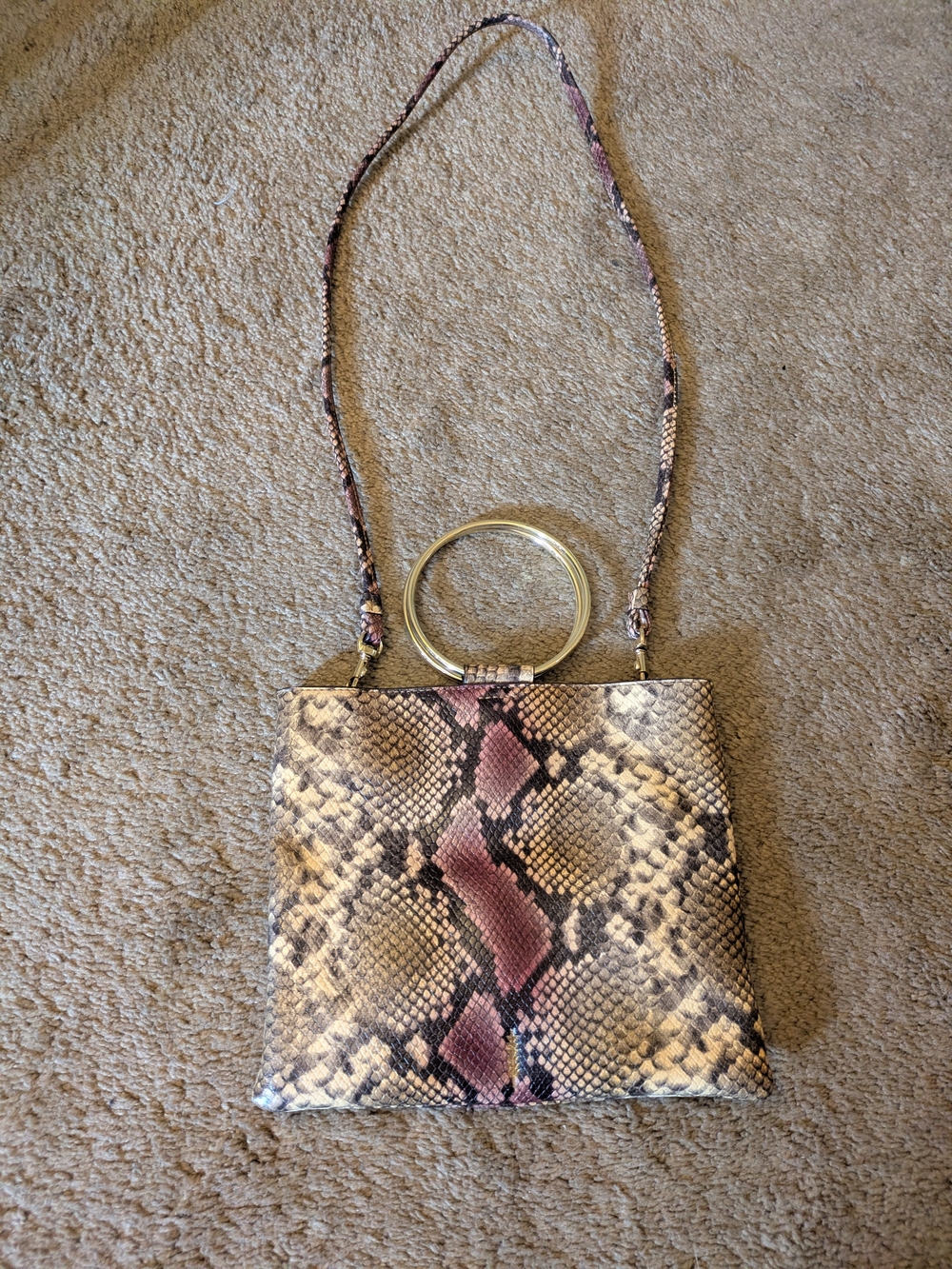 Thacker NYC Snake-Print Shoulder Bag with Gold Ring Handle - Pink/Beige